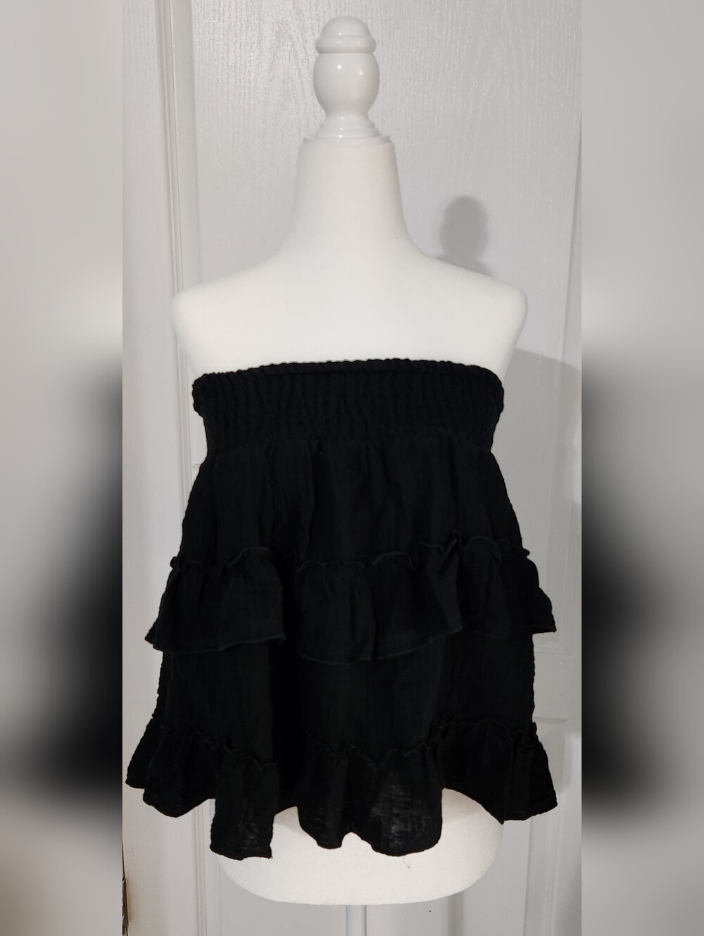 Black Smocked Mini Skirt Or Top with Ruffle Tiers - Picture 3 of 3